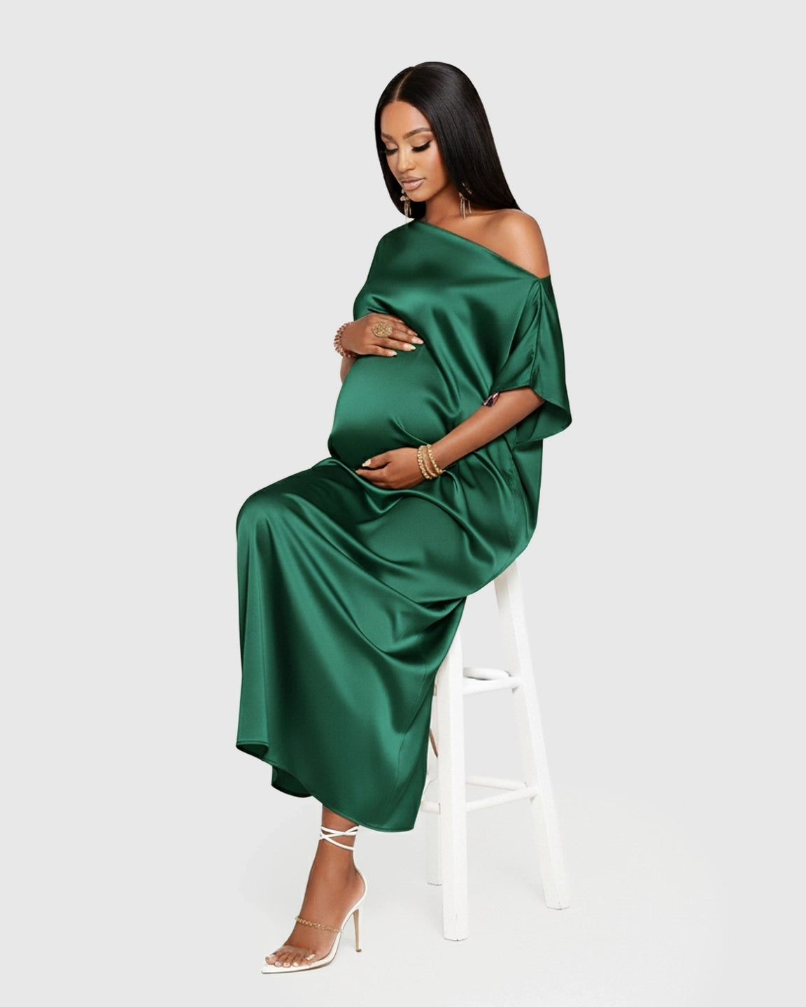 One-Shoulder Batwing Sleeve A-Line Maternity Maxi Dress