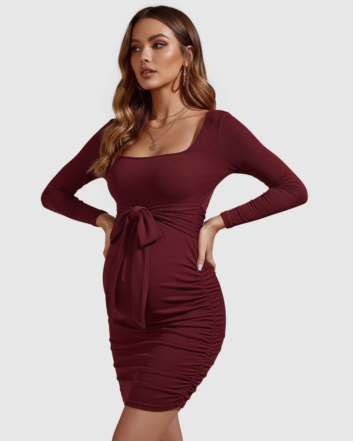 Ribbed Knit Tie Waist Bodycon Maternity Short Dress