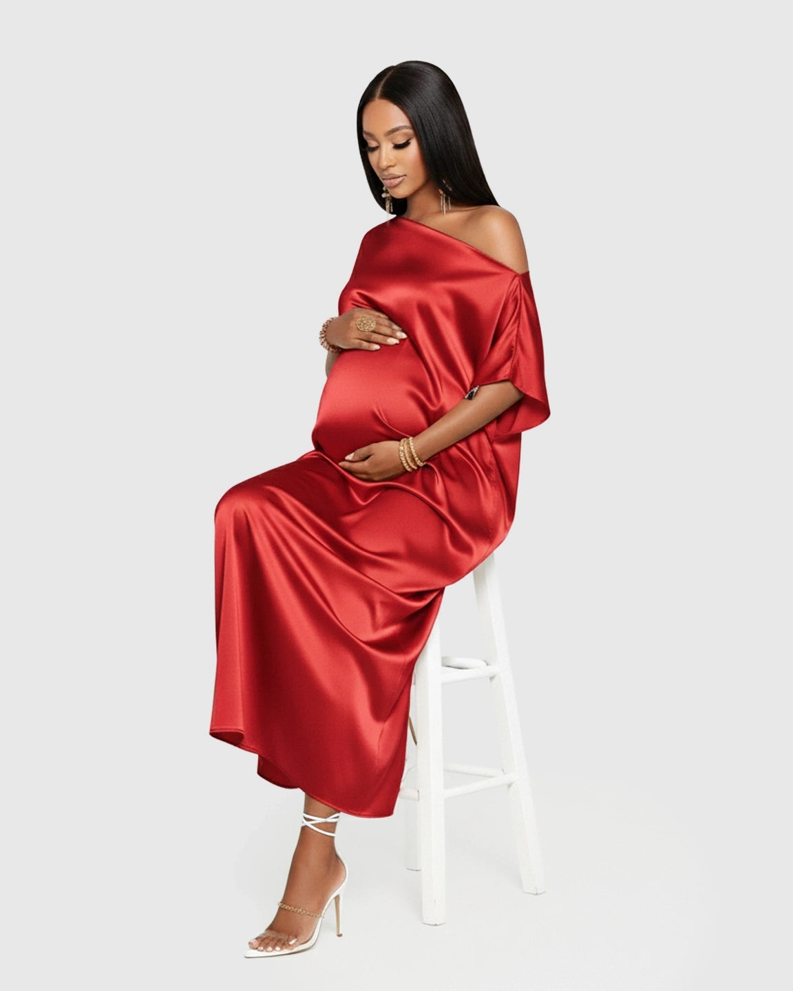 One-Shoulder Batwing Sleeve A-Line Maternity Maxi Dress