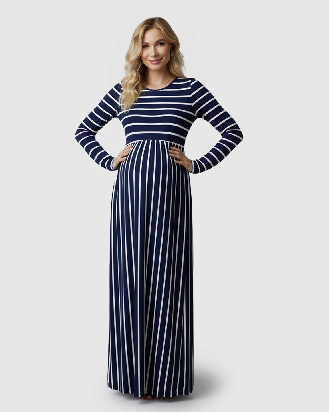 Striped Long Sleeve Elegant Floor-Length Maternity Maxi Dress