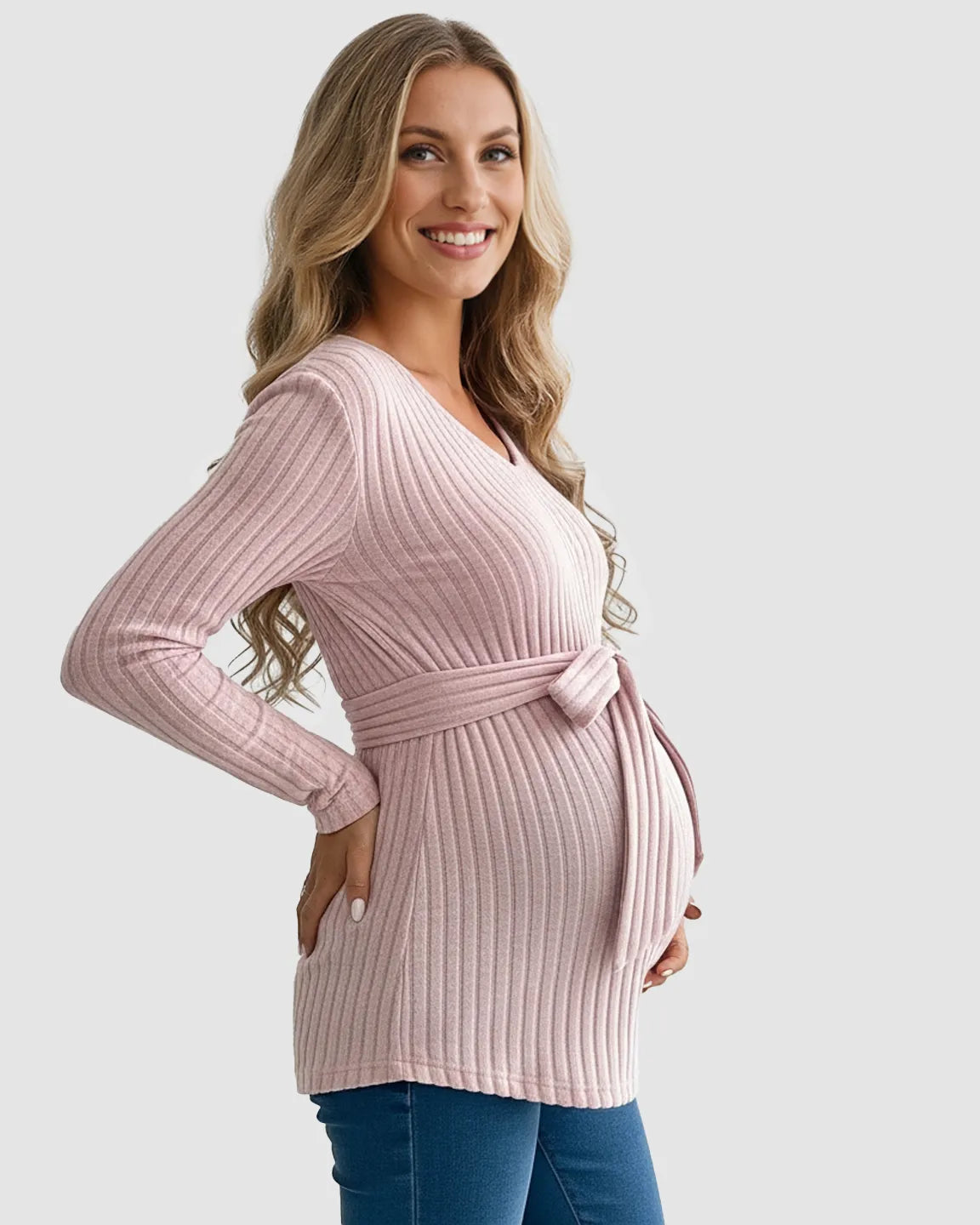 Soft Ribbed Knit Belted Long Sleeve Maternity Top