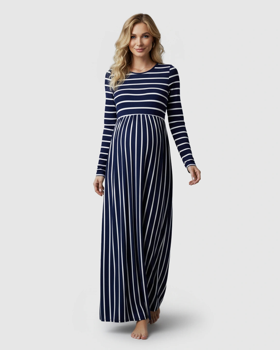 Striped Long Sleeve Elegant Floor-Length Maternity Maxi Dress