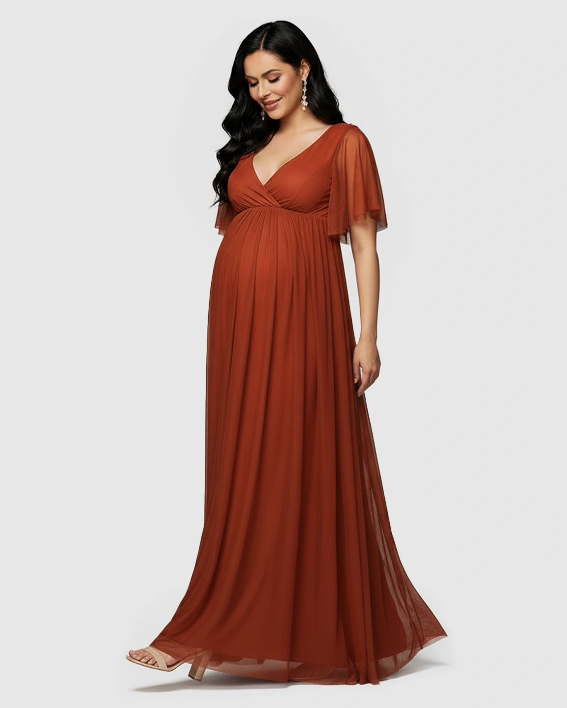 Flutter Sleeve V-Neck Chiffon Maternity Maxi Dress