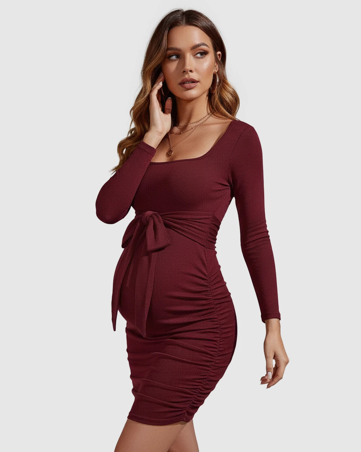 Ribbed Knit Tie Waist Bodycon Maternity Short Dress