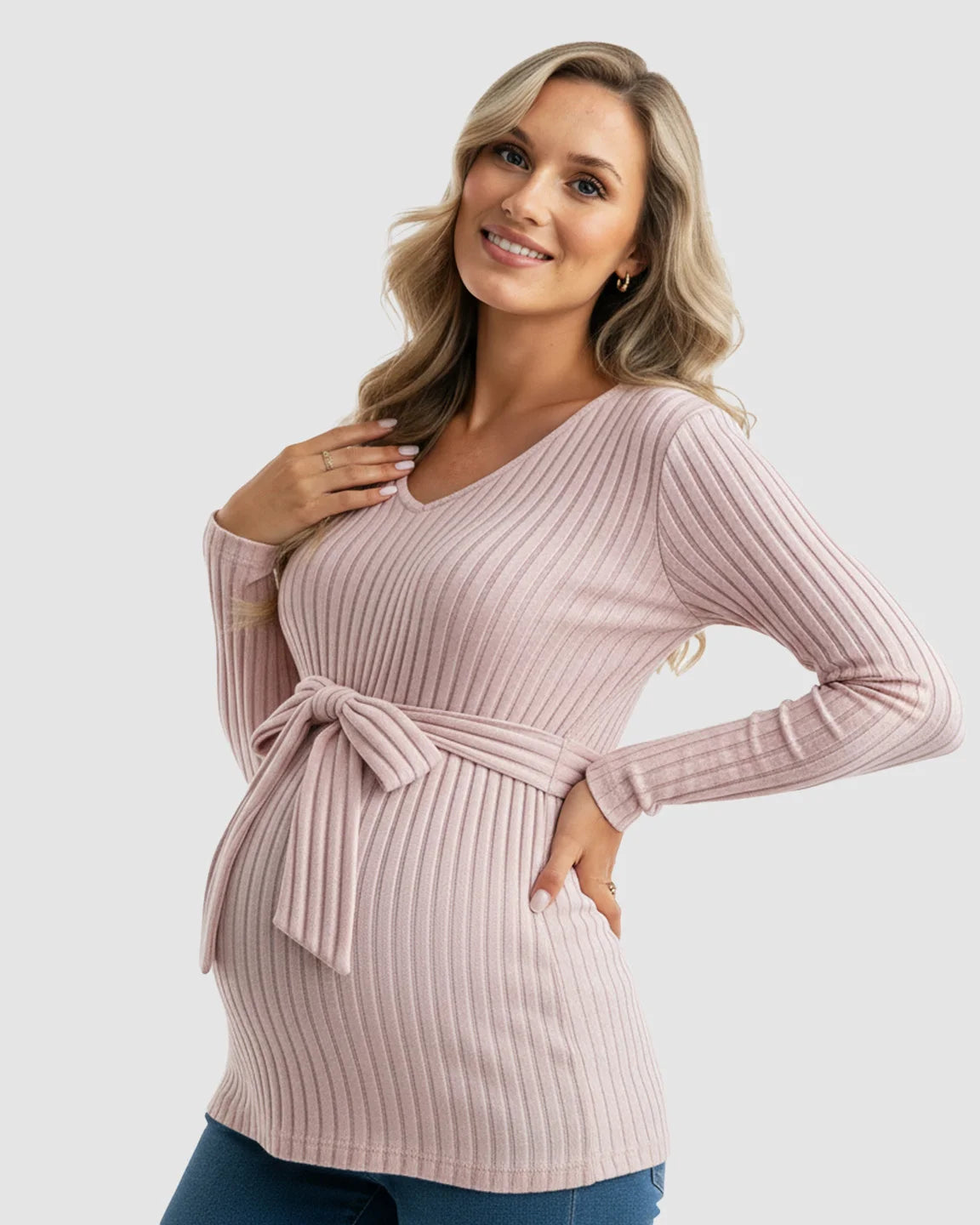 Soft Ribbed Knit Belted Long Sleeve Maternity Top