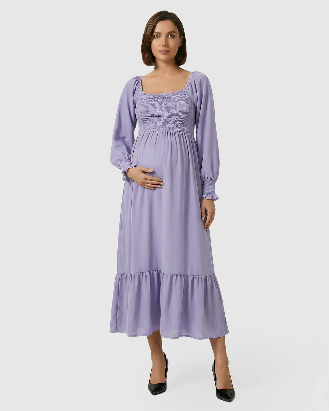 Smocked Square Neck Ruffled Hem Maternity Maxi Dress
