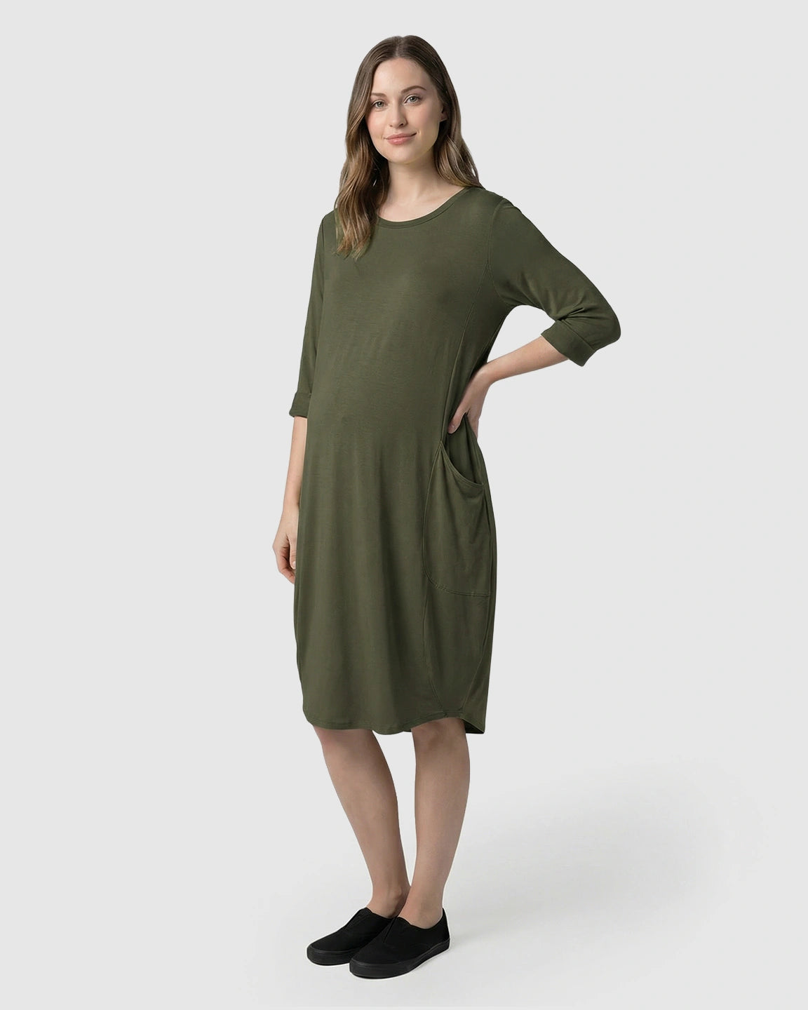 Pocketed Lantern Skirt Maternity Midi Dress