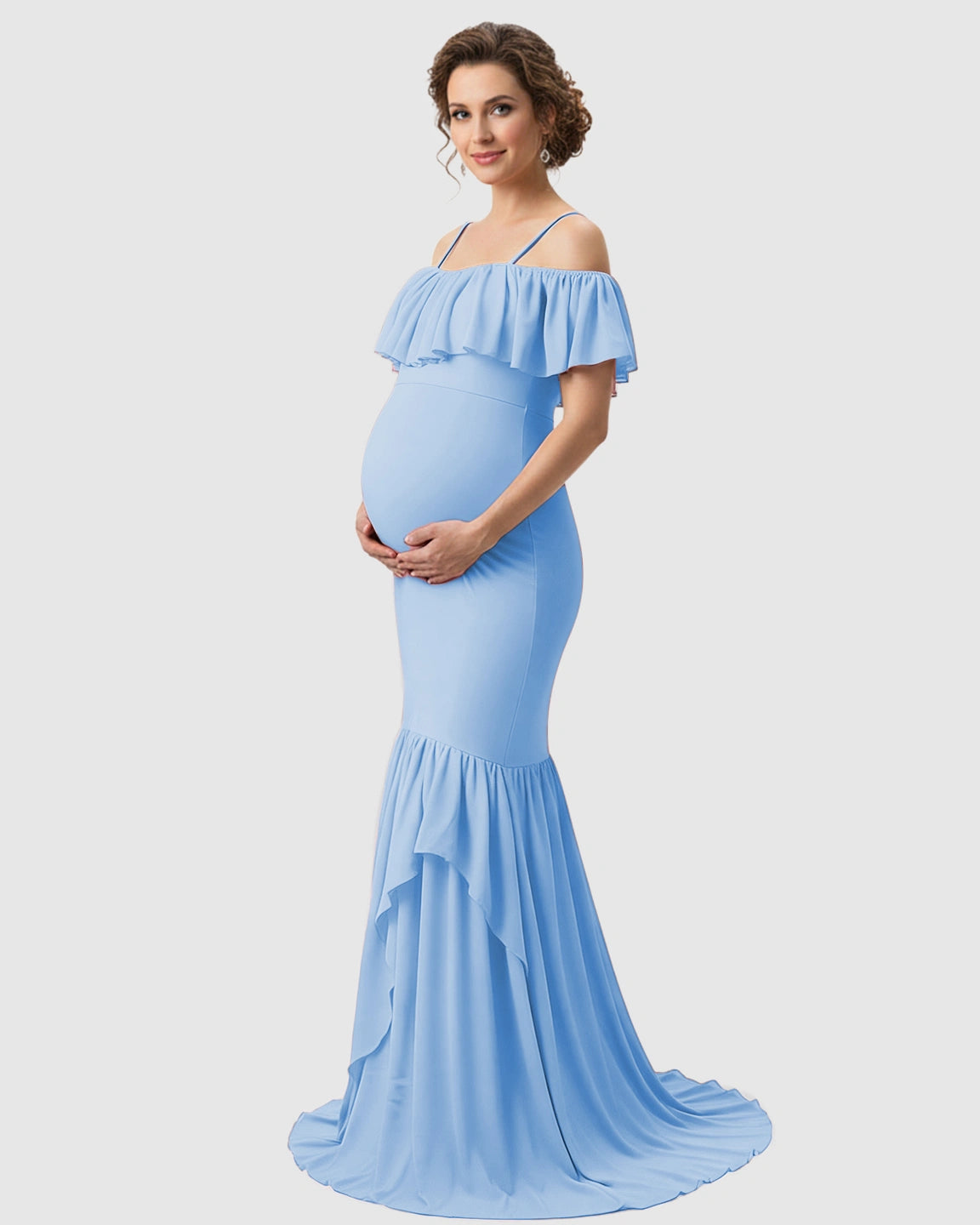 Ruffled Off-Shoulder Mermaid Train Maternity Photoshoot Dress