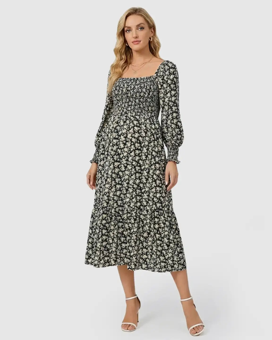 Smocked Long-Sleeve Maternity Midi Dress