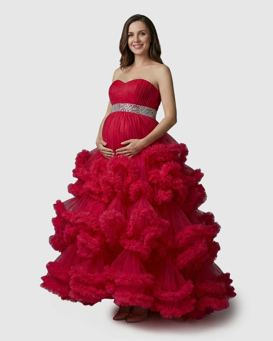 Strapless Bodice Multi-Layered Ruffled Skirt Maternity Photoshoot Dress
