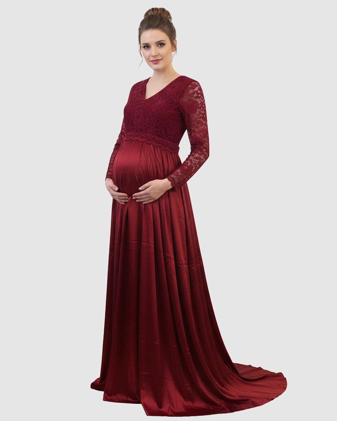 Lace Spliced Bodice Trailing Skirt Maternity Photoshoot Maxi Dress