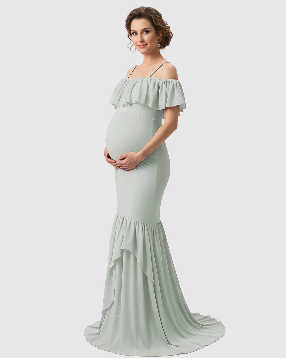 Ruffled Off-Shoulder Mermaid Train Maternity Photoshoot Dress