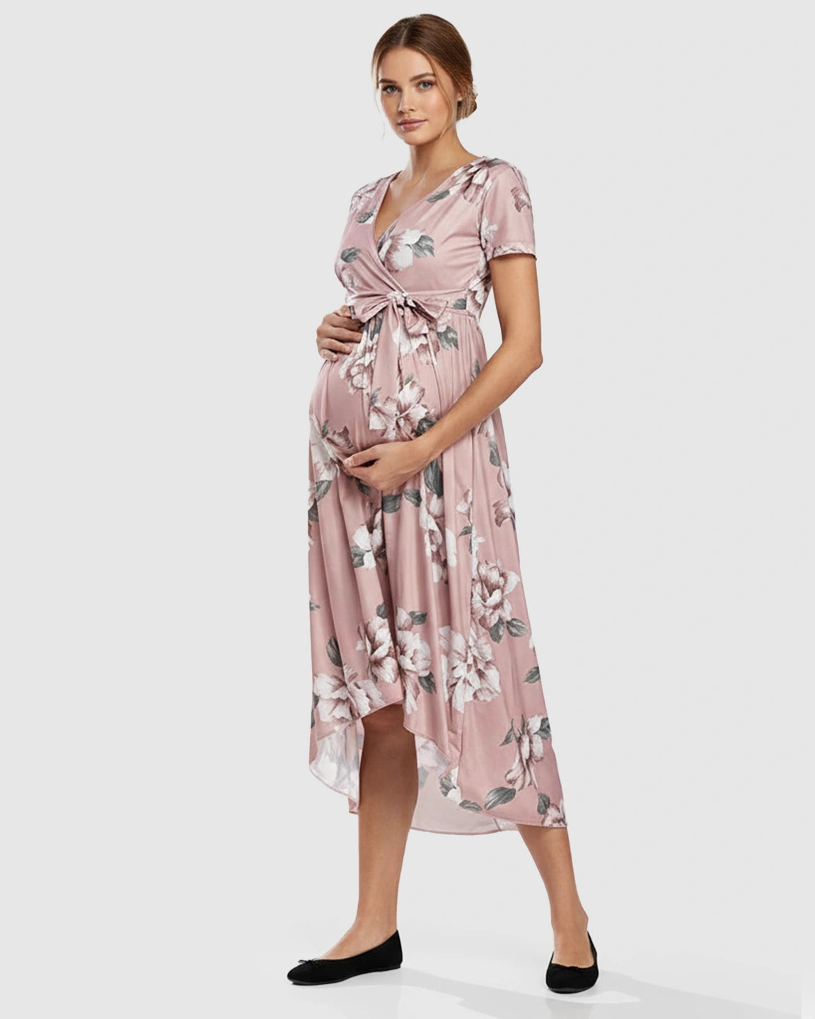 Floral V-Neck Wrap High-Low Maxi Maternity Dress
