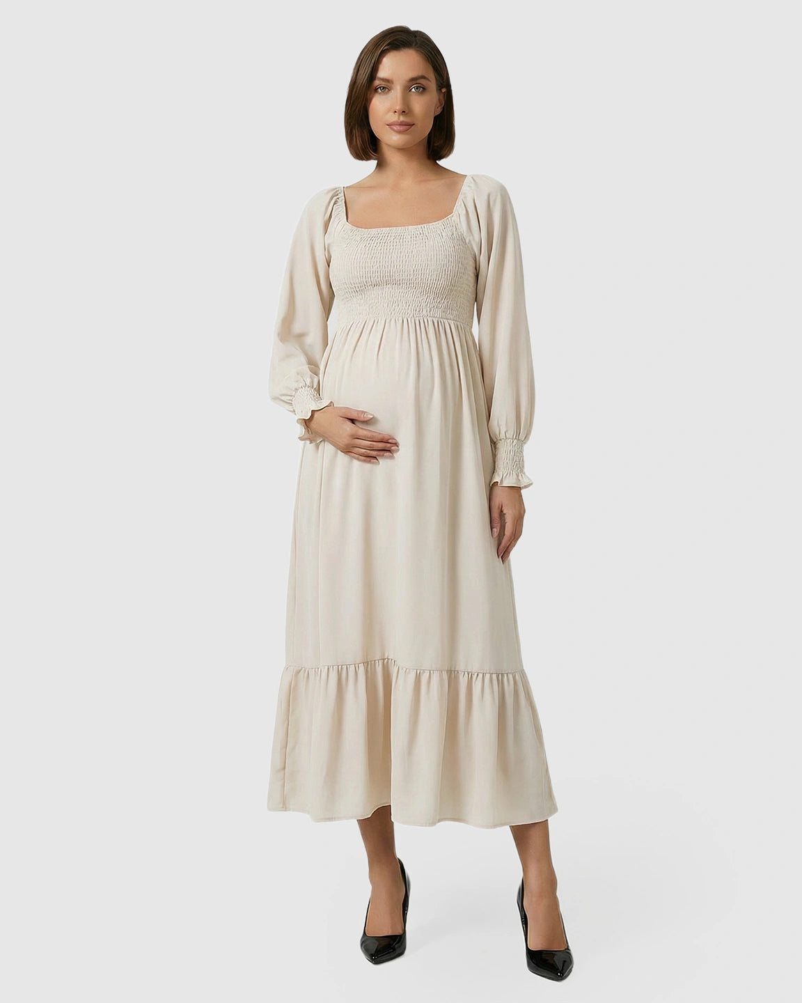Smocked Square Neck Ruffled Hem Maternity Maxi Dress