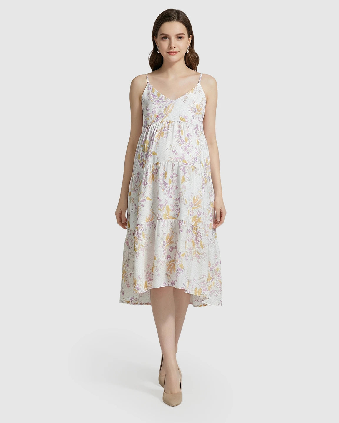 Floral V-Neck Tiered Skirt Maternity Nightgown