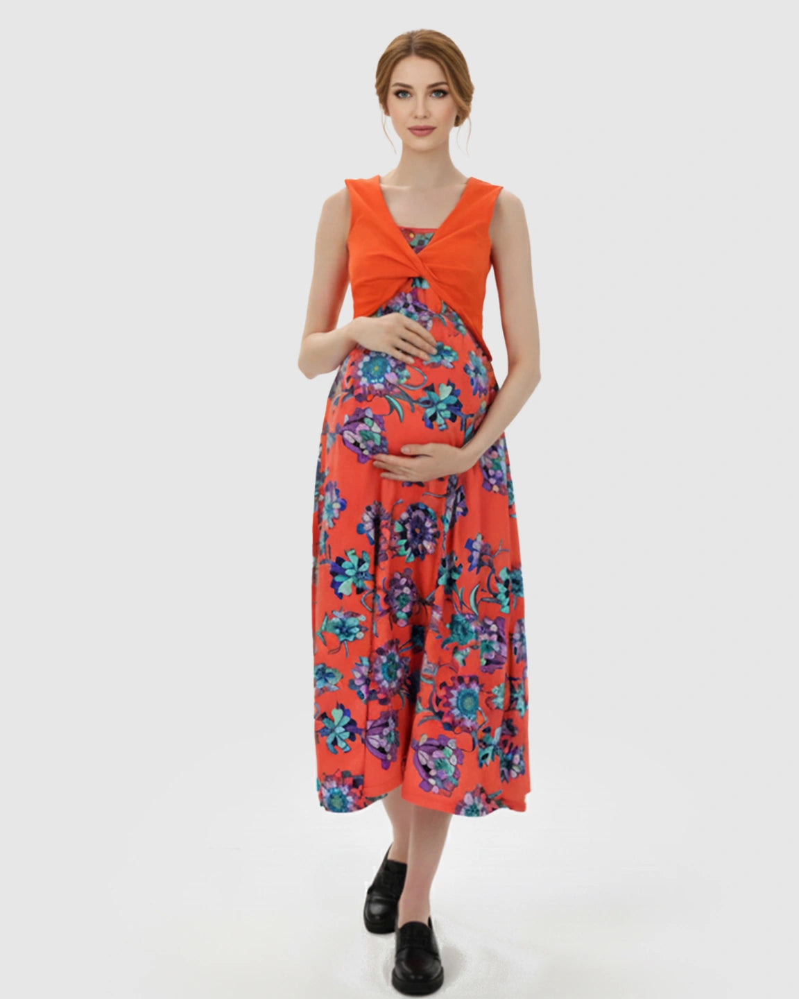 Twist-Front Floral Nursing & Maternity Midi Dress