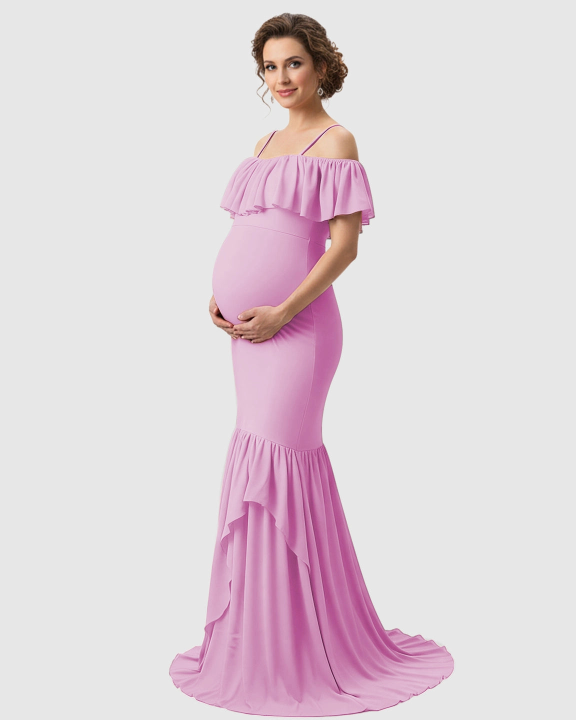 Ruffled Off-Shoulder Mermaid Train Maternity Photoshoot Dress
