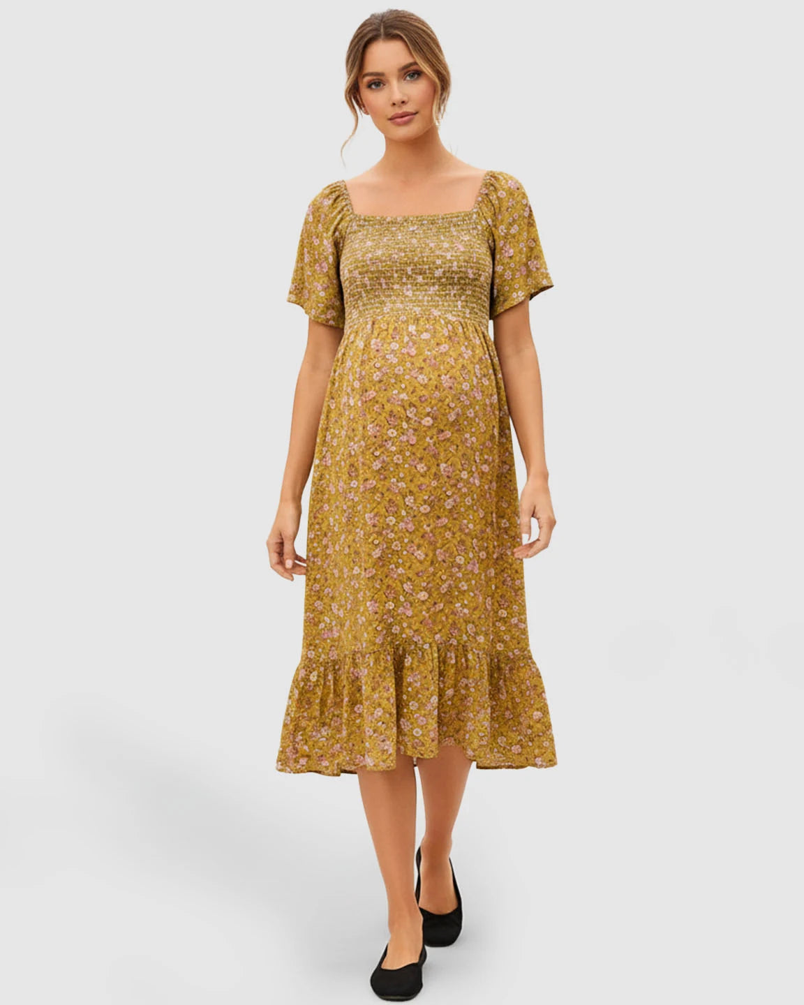 Smocked Bodice Floral Maternity Midi Dress