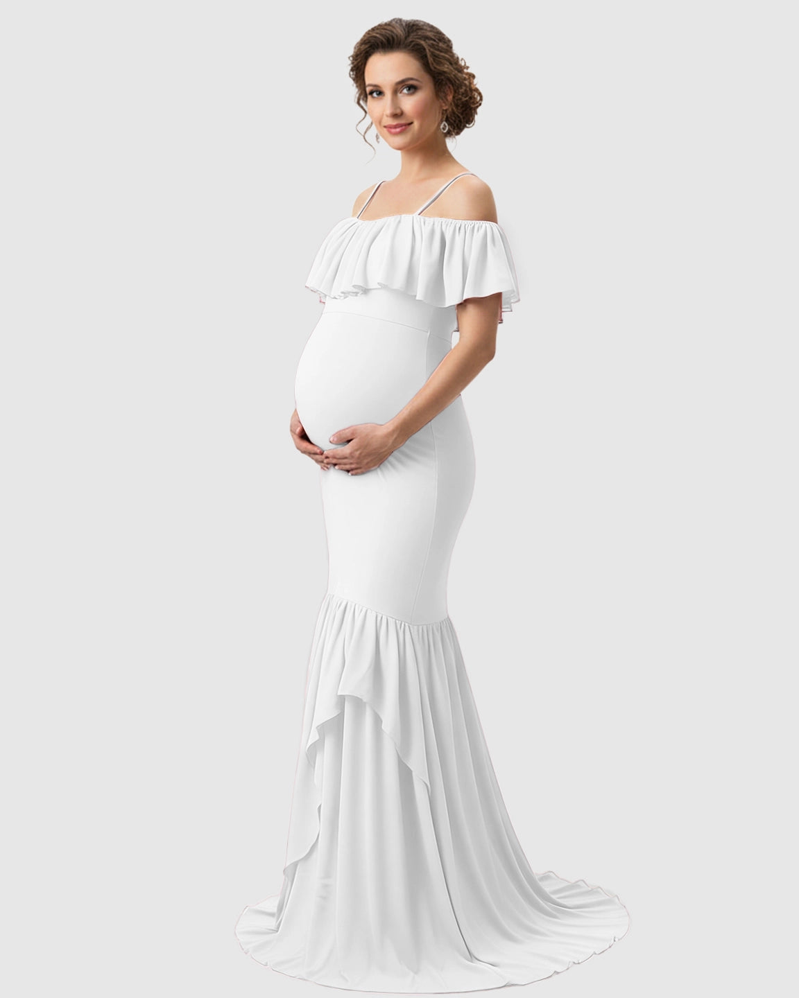 Ruffled Off-Shoulder Mermaid Train Maternity Photoshoot Dress