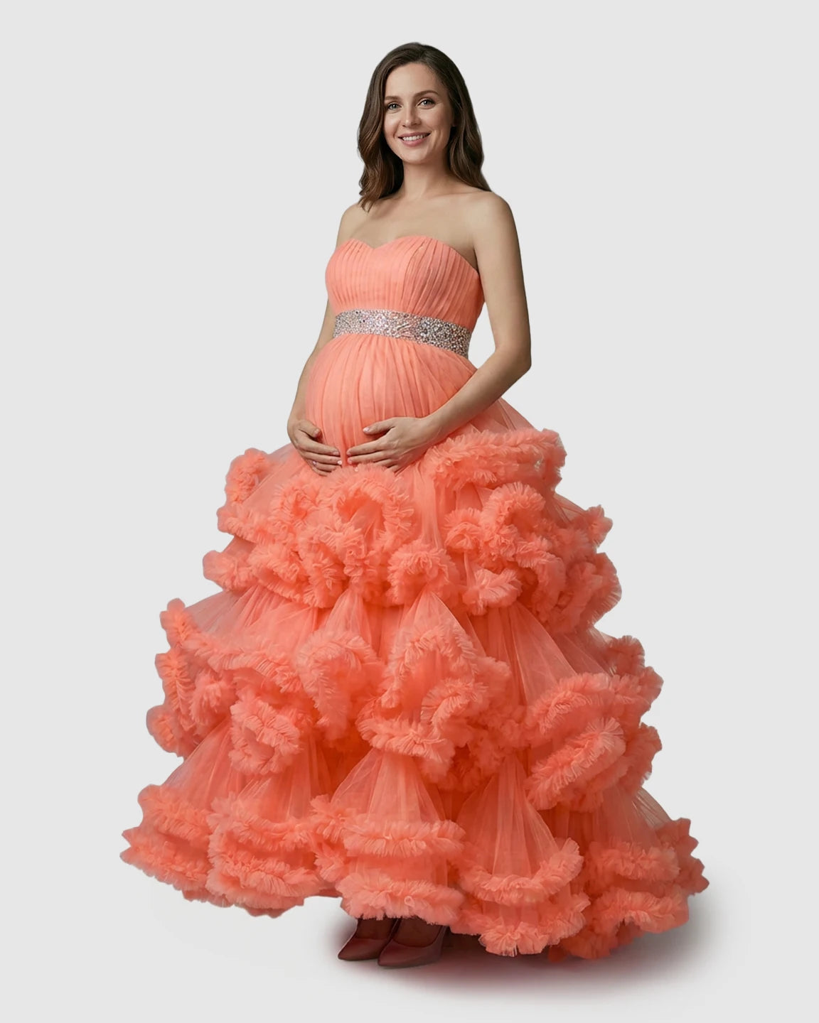 Strapless Bodice Multi-Layered Ruffled Skirt Maternity Photoshoot Dress