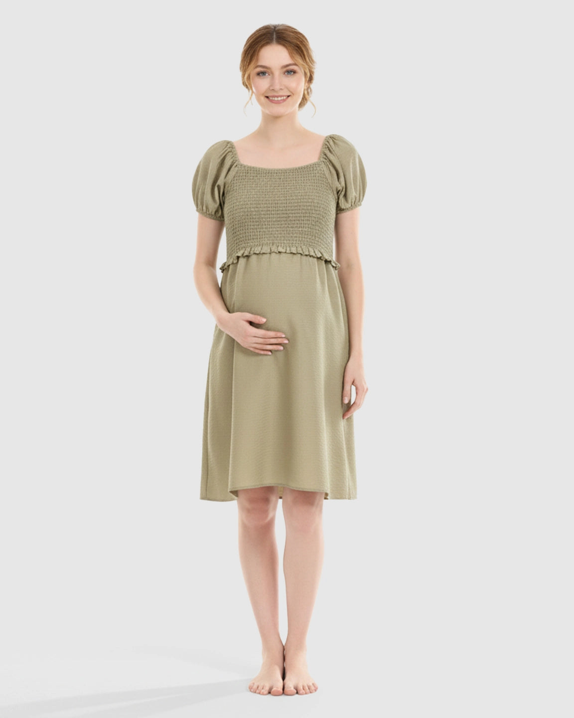 Retro Puff-Sleeve Flowy Maternity & Nursing Midi Dress