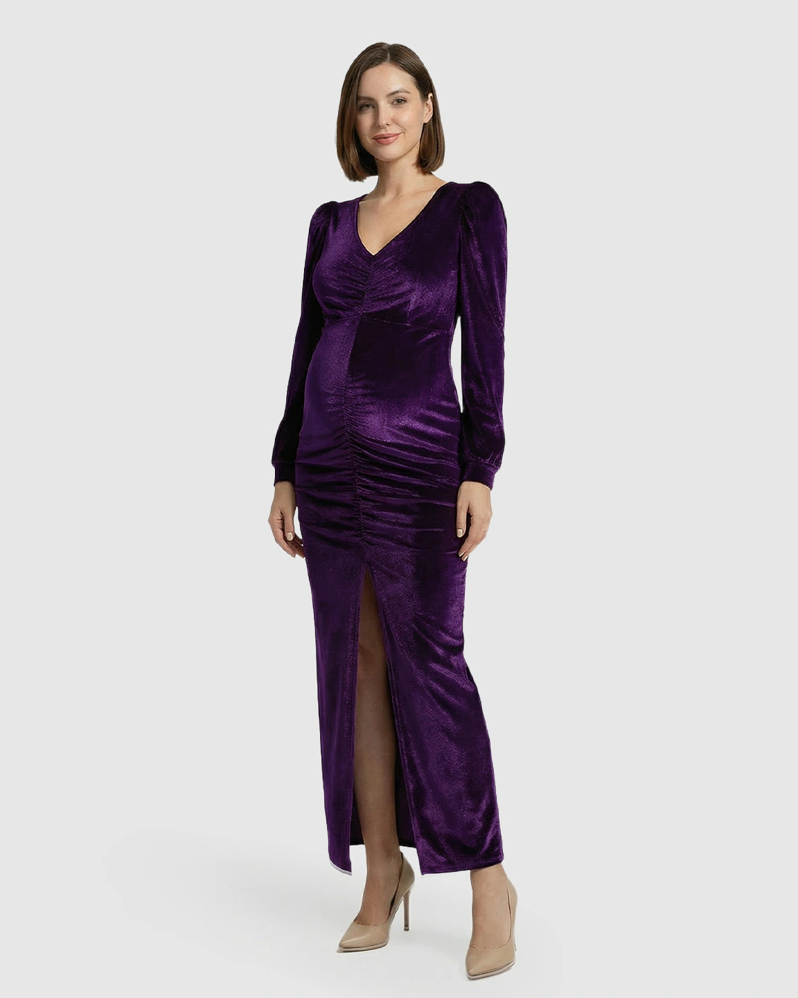 Puffed Velvet Sleeves Bodycon Maternity Evening Gown