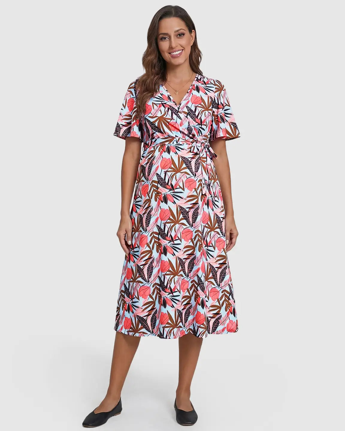 Side Tie Wrap Tropical Pattern Maternity Midi Dress