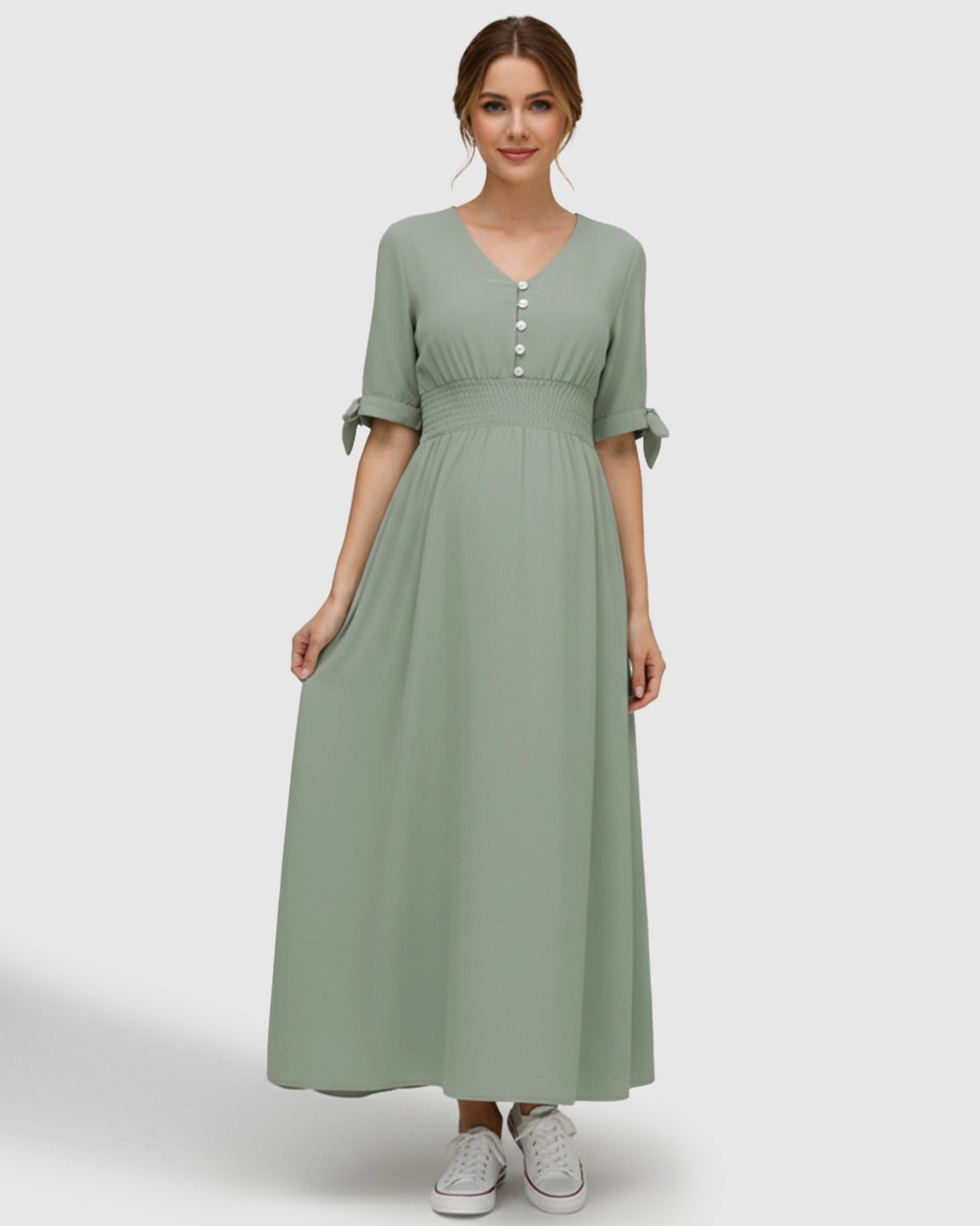 Button V-neck Empire Waist Maternity Maxi Dress