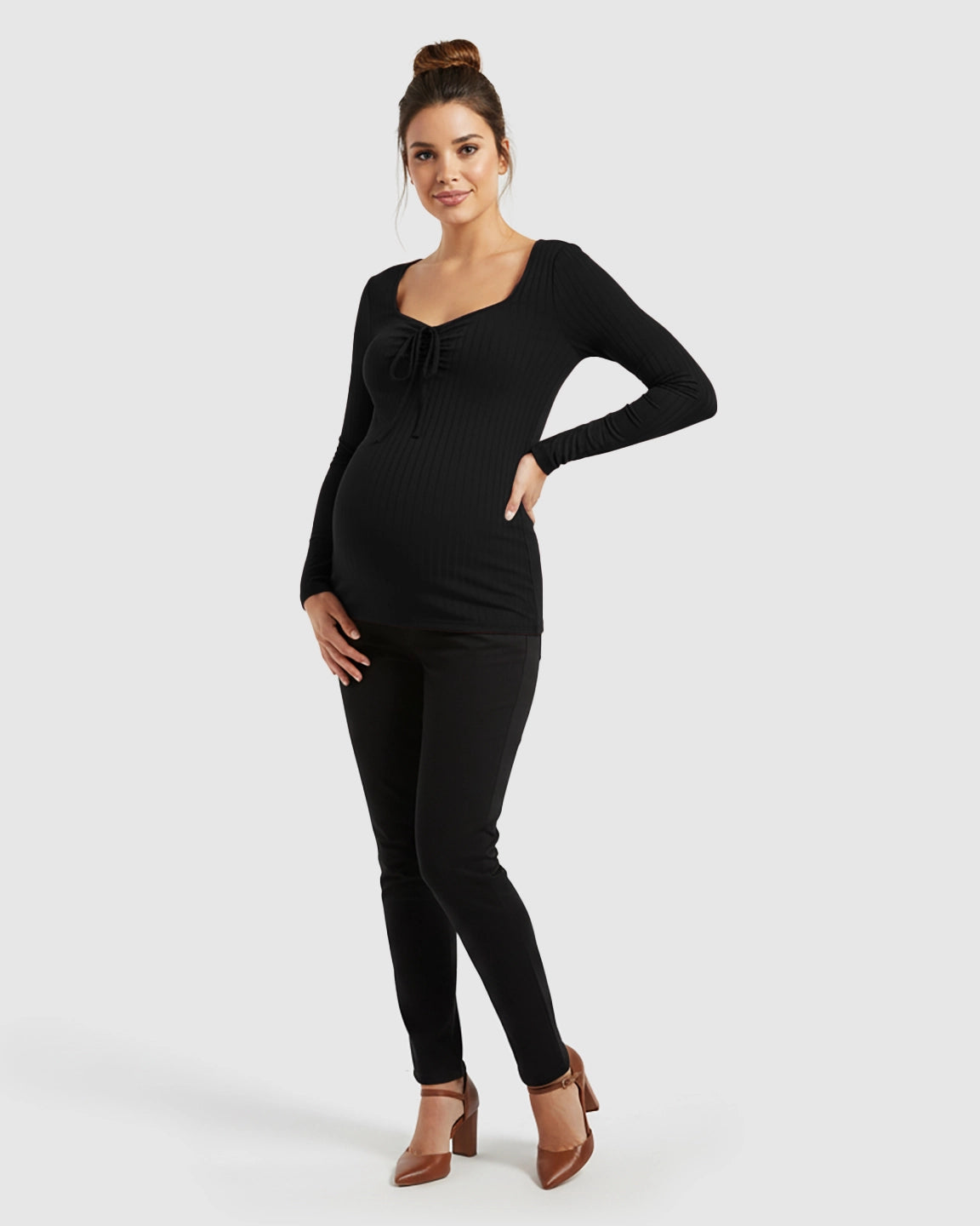 Ribbed Knit Tie Detail Square Neck Maternity Top