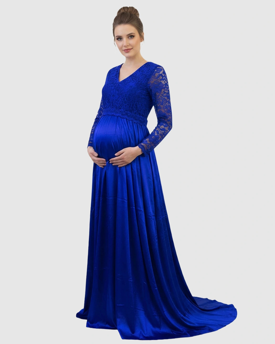 Lace Spliced Bodice Trailing Skirt Maternity Photoshoot Maxi Dress