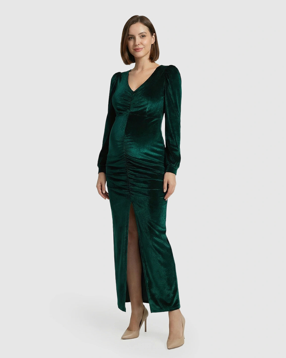 Puffed Velvet Sleeves Bodycon Maternity Evening Gown