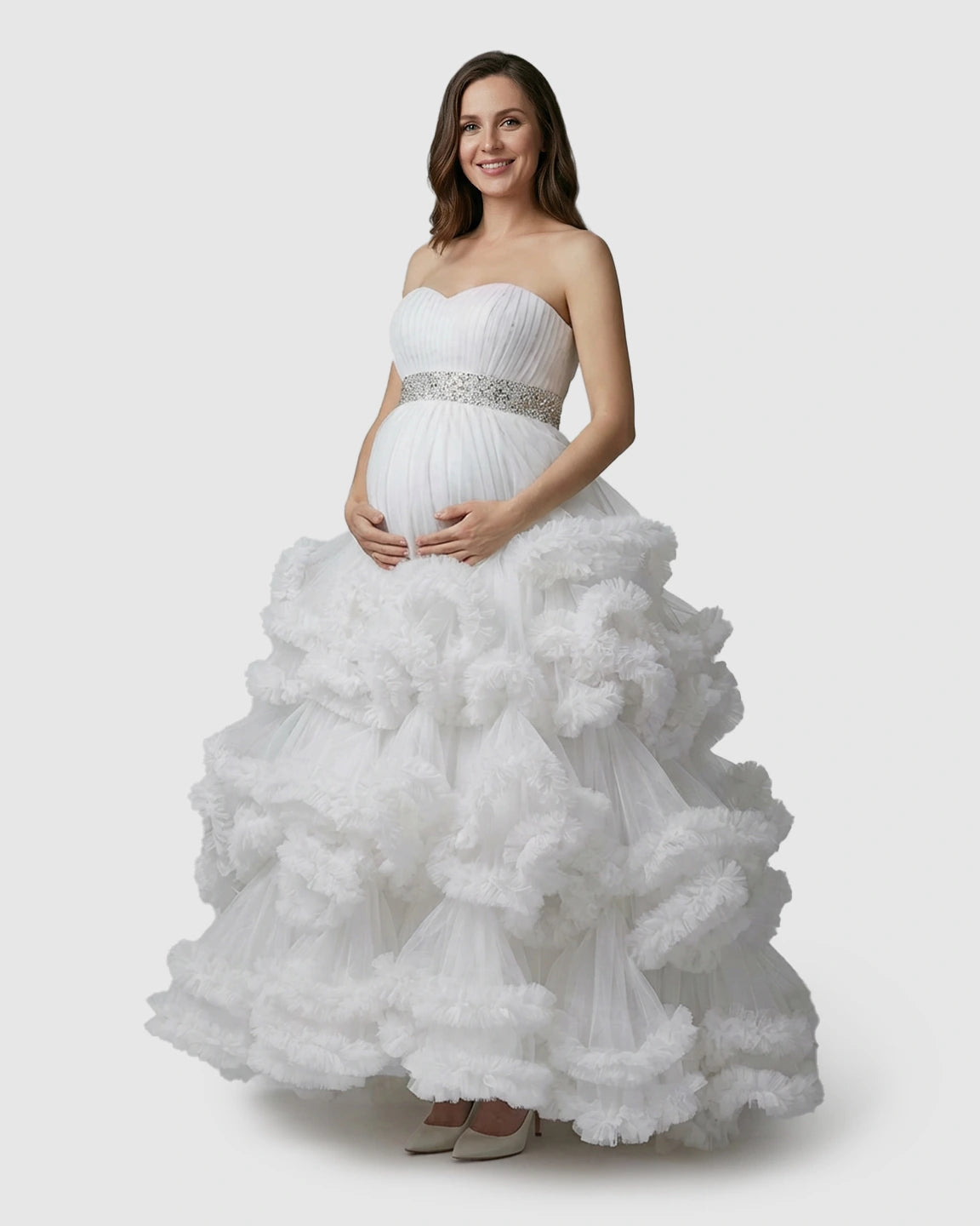 Strapless Bodice Multi-Layered Ruffled Skirt Maternity Photoshoot Dress
