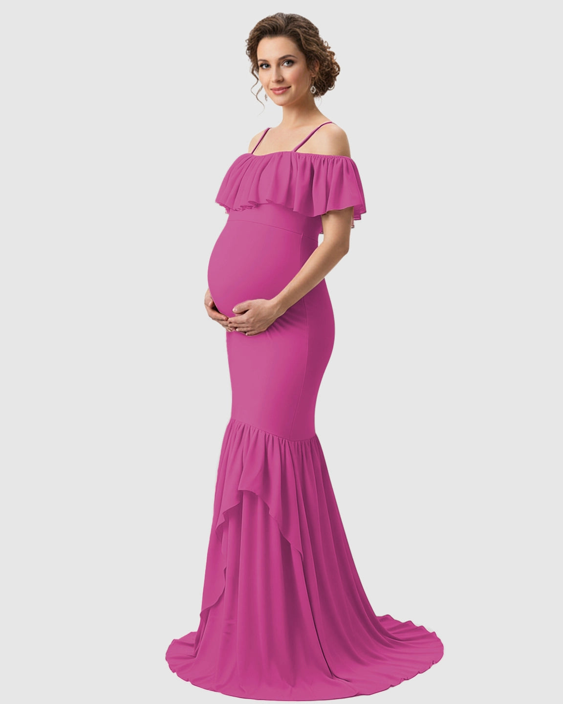 Ruffled Off-Shoulder Mermaid Train Maternity Photoshoot Dress