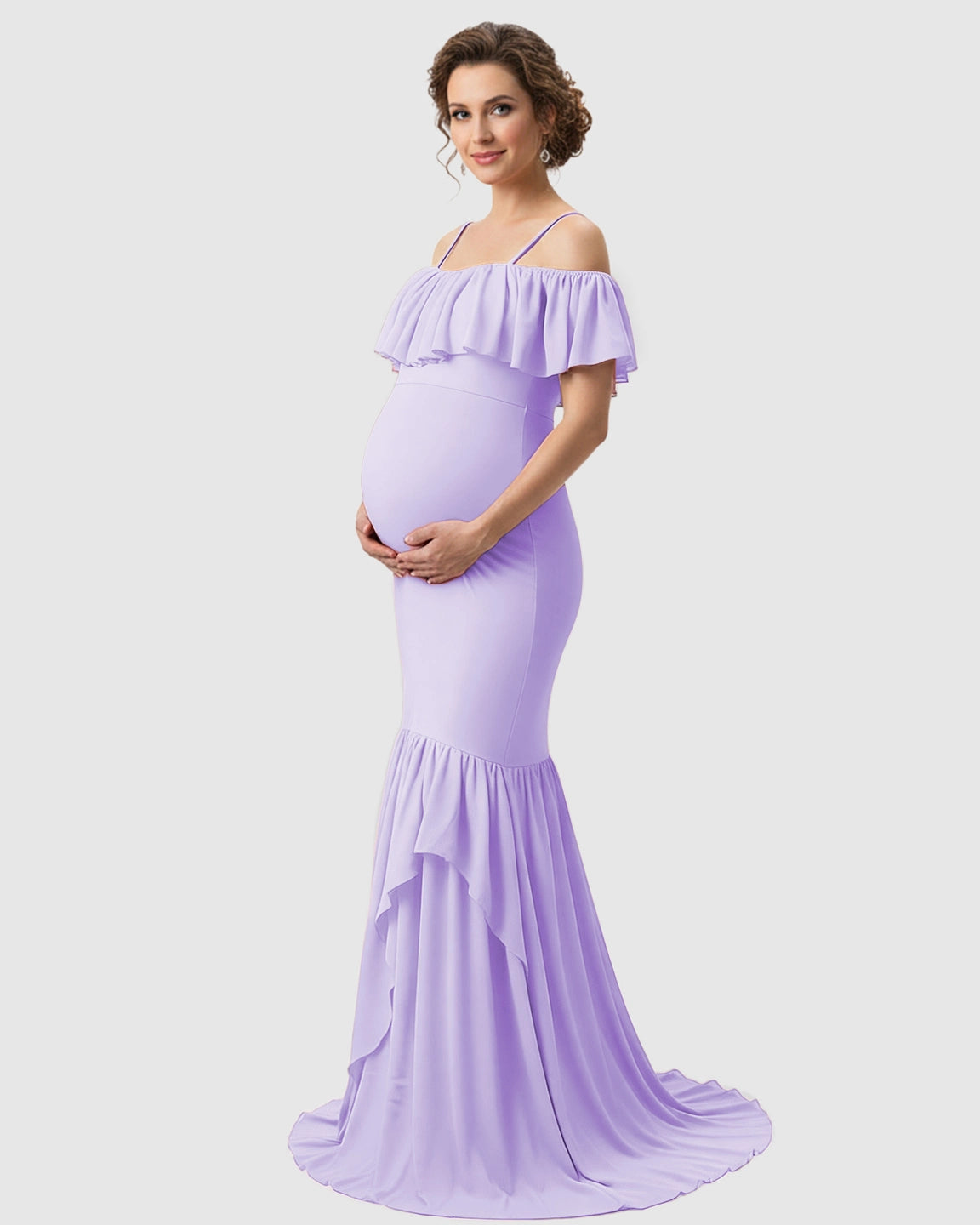 Ruffled Off-Shoulder Mermaid Train Maternity Photoshoot Dress