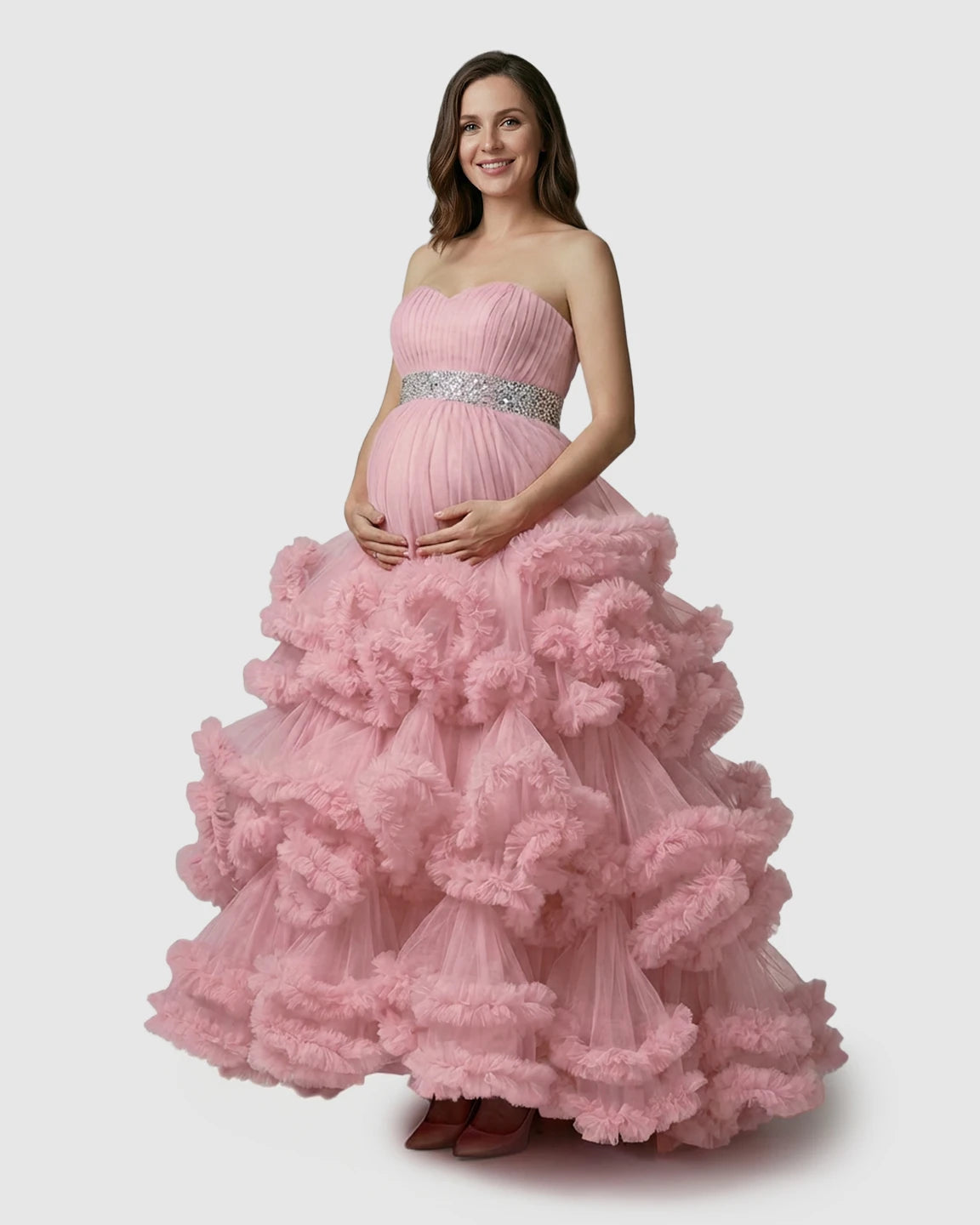 Strapless Bodice Multi-Layered Ruffled Skirt Maternity Photoshoot Dress