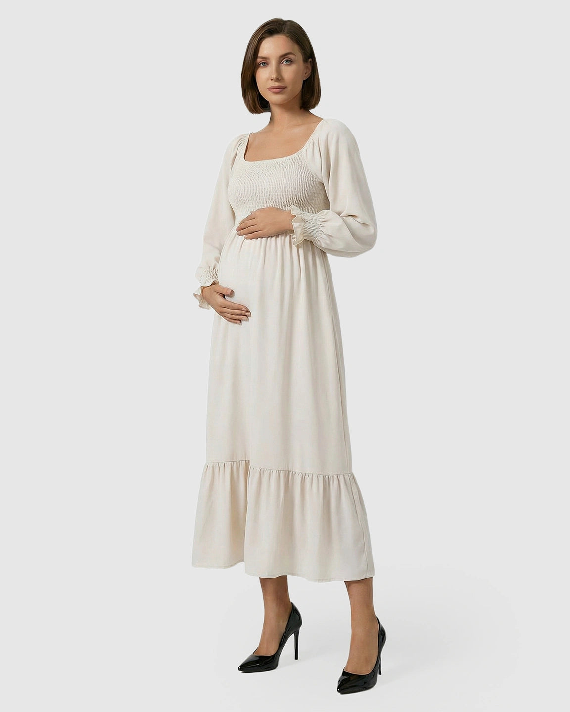 Smocked Square Neck Ruffled Hem Maternity Maxi Dress
