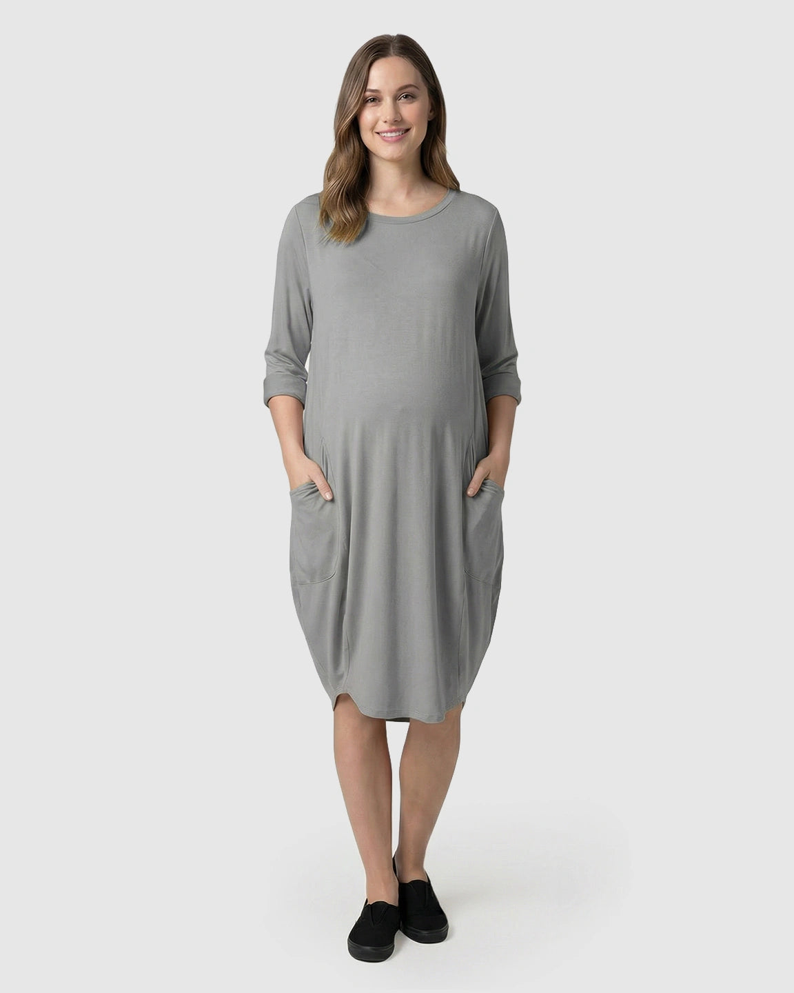Pocketed Lantern Skirt Maternity Midi Dress