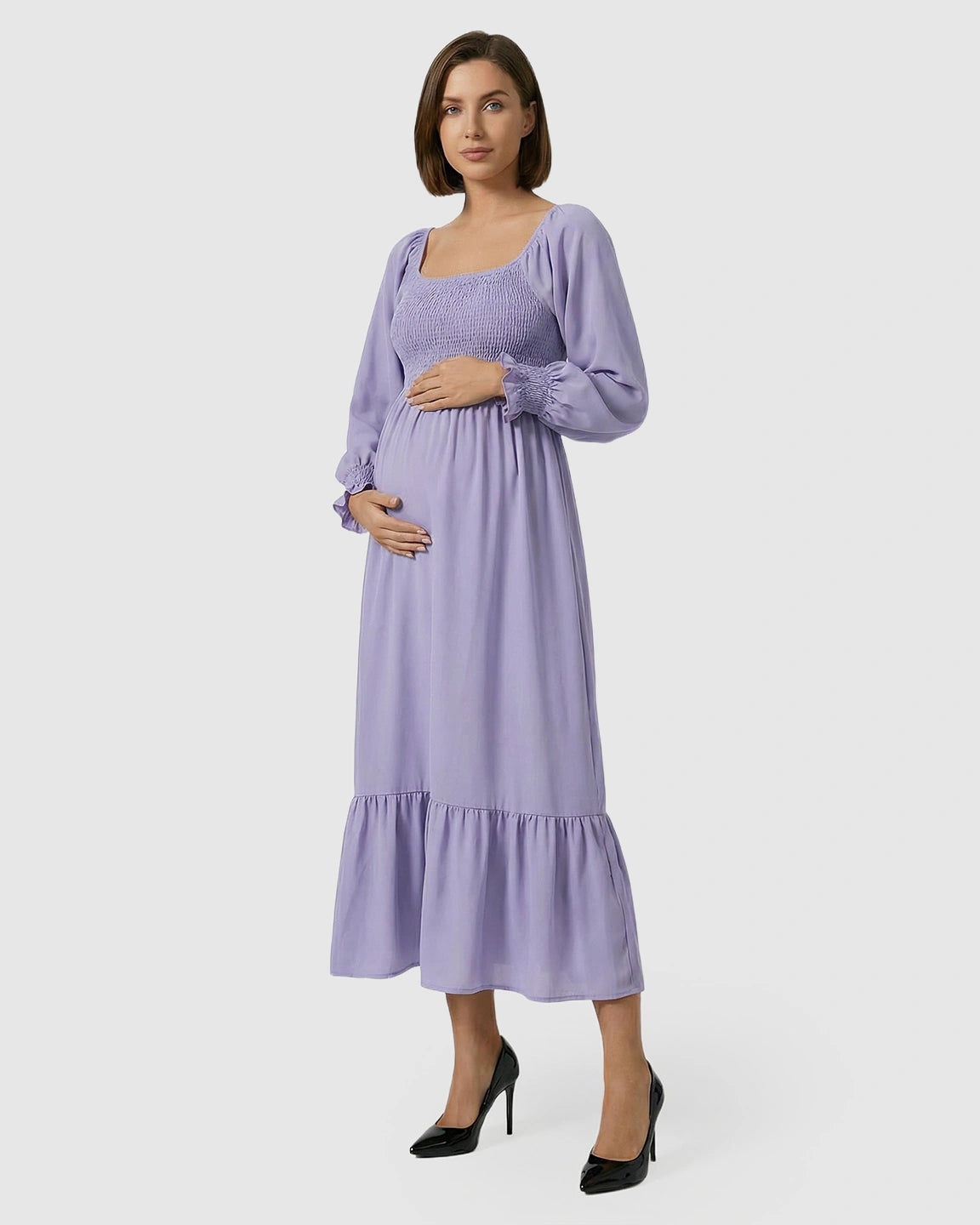 Smocked Square Neck Ruffled Hem Maternity Maxi Dress
