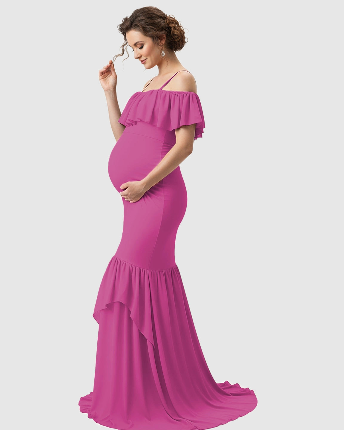 Ruffled Off-Shoulder Mermaid Train Maternity Photoshoot Dress