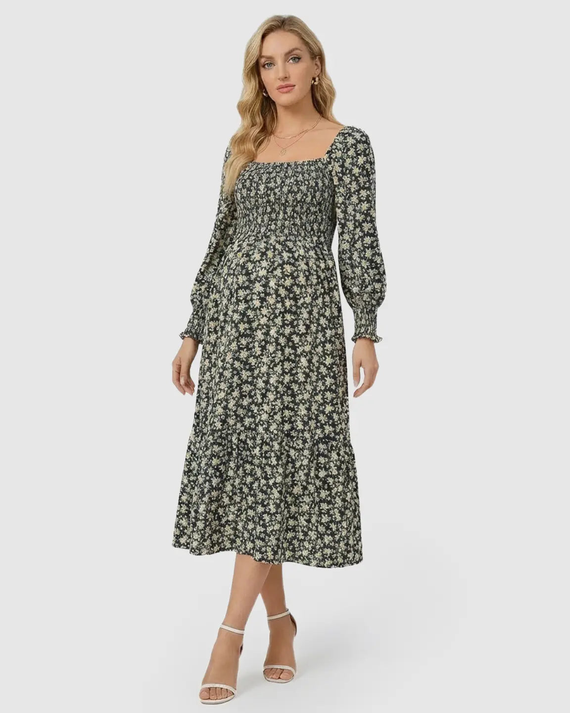 Smocked Long-Sleeve Maternity Midi Dress