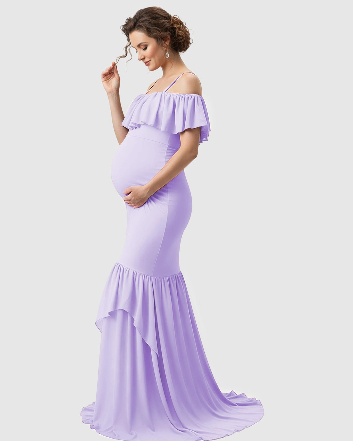 Ruffled Off-Shoulder Mermaid Train Maternity Photoshoot Dress
