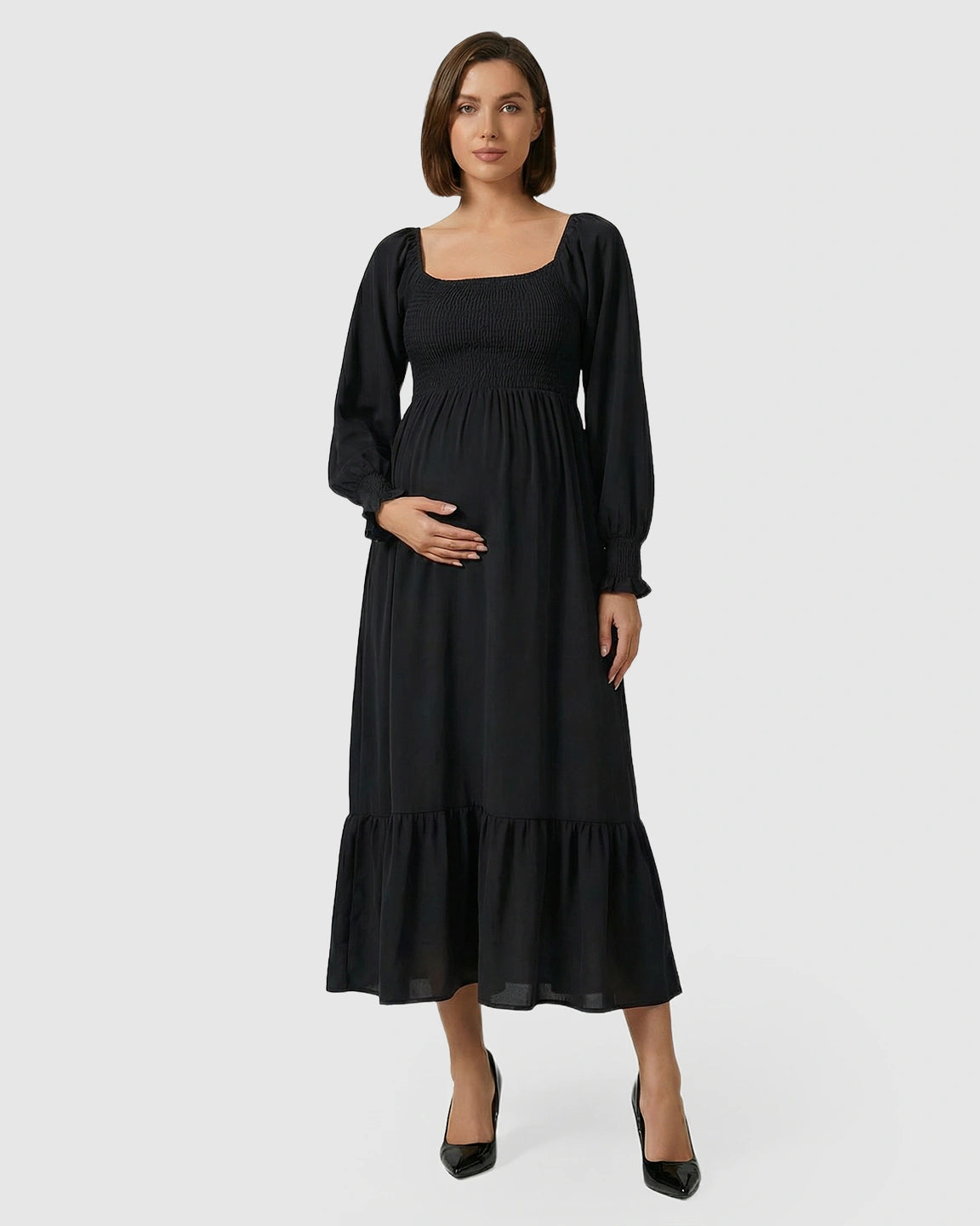 Smocked Square Neck Ruffled Hem Maternity Maxi Dress