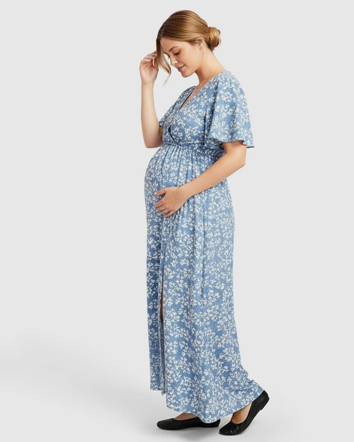 Cinched Waist Bohemian Maternity Maxi Dress