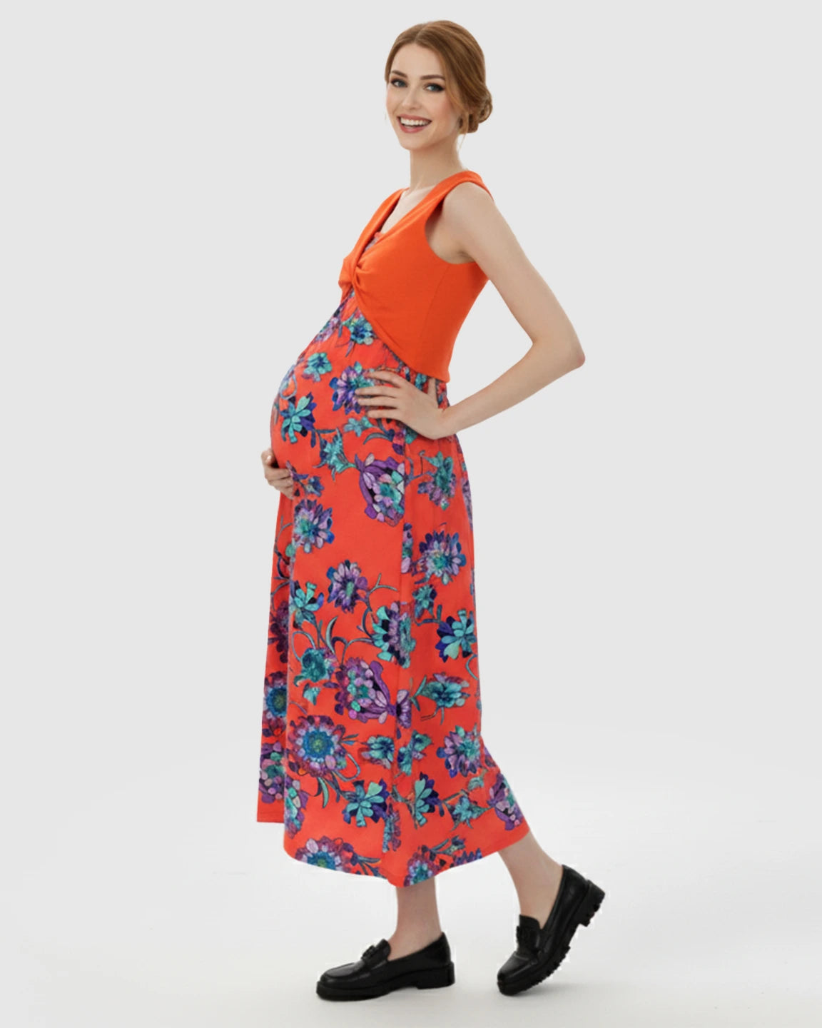 Twist-Front Floral Nursing & Maternity Midi Dress