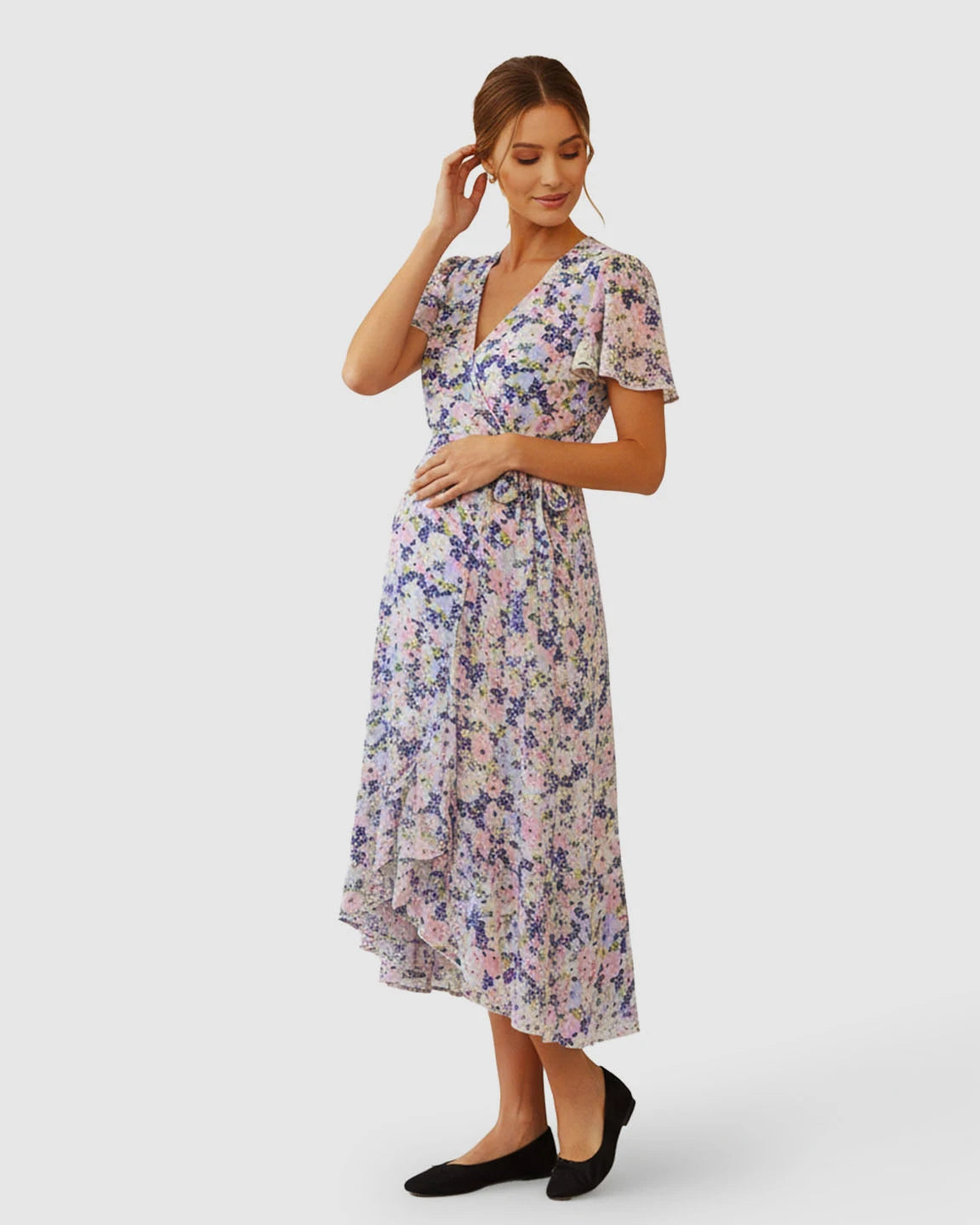 V-Neck Wrap-Style Floral Maternity Midi Dress