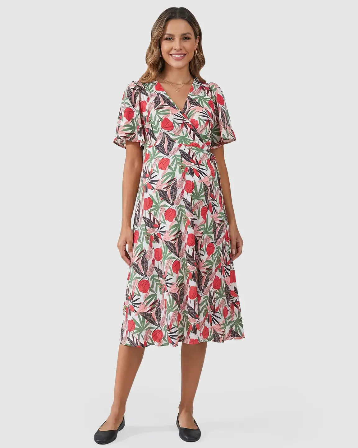 Side Tie Wrap Tropical Floral Maternity Midi Dress