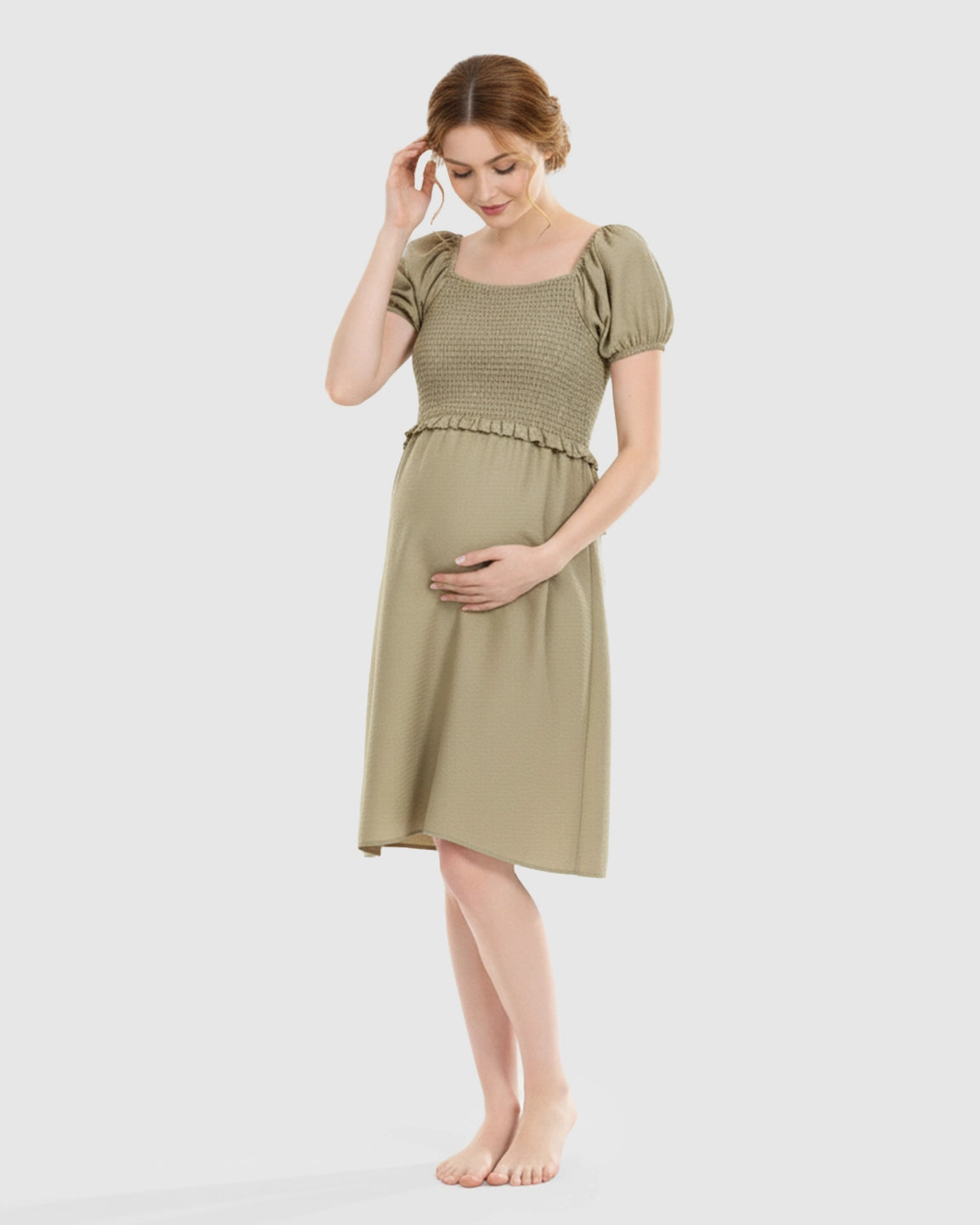 Retro Puff-Sleeve Flowy Maternity & Nursing Midi Dress