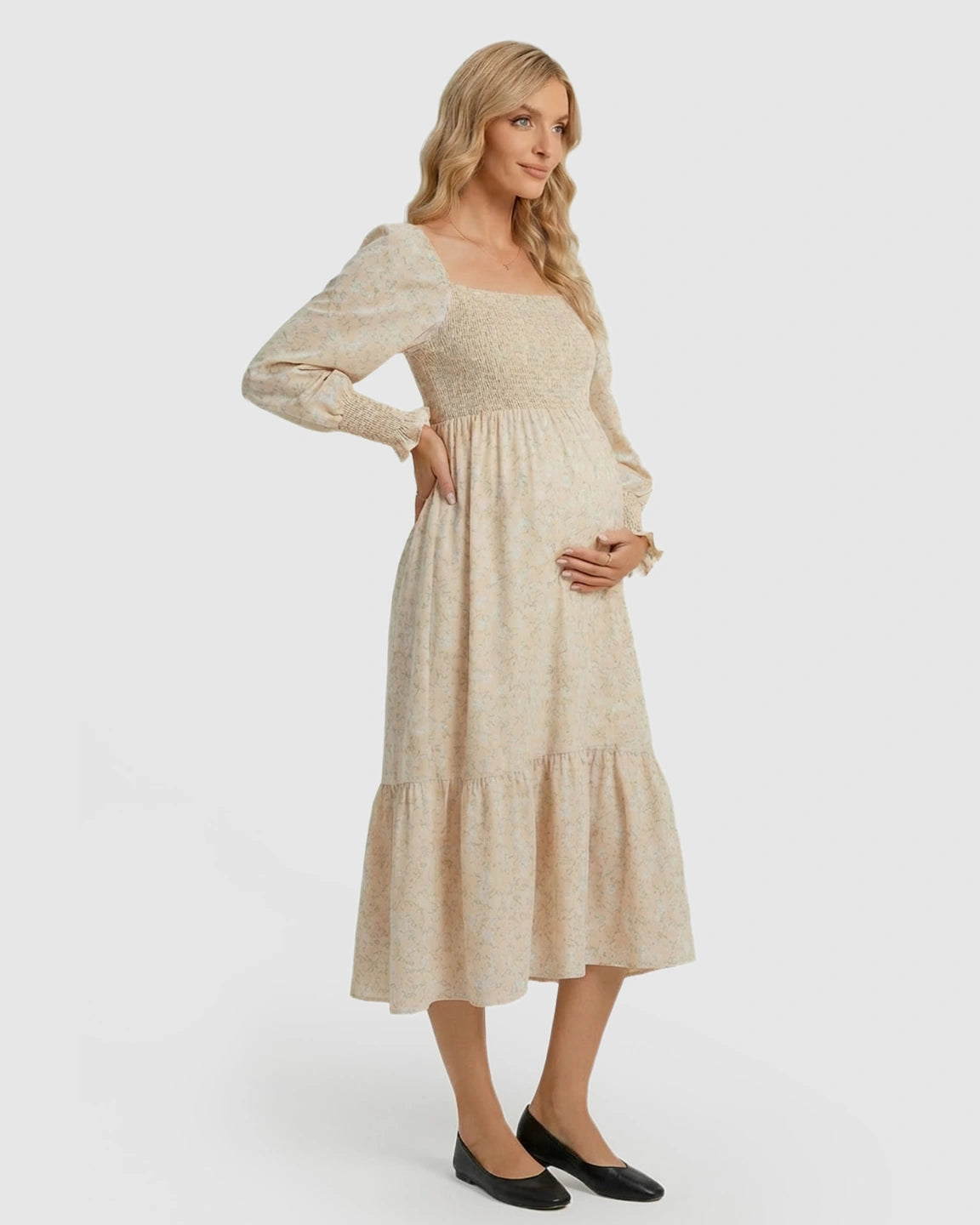 Shirred Bodice Boho Maternity Midi Dress