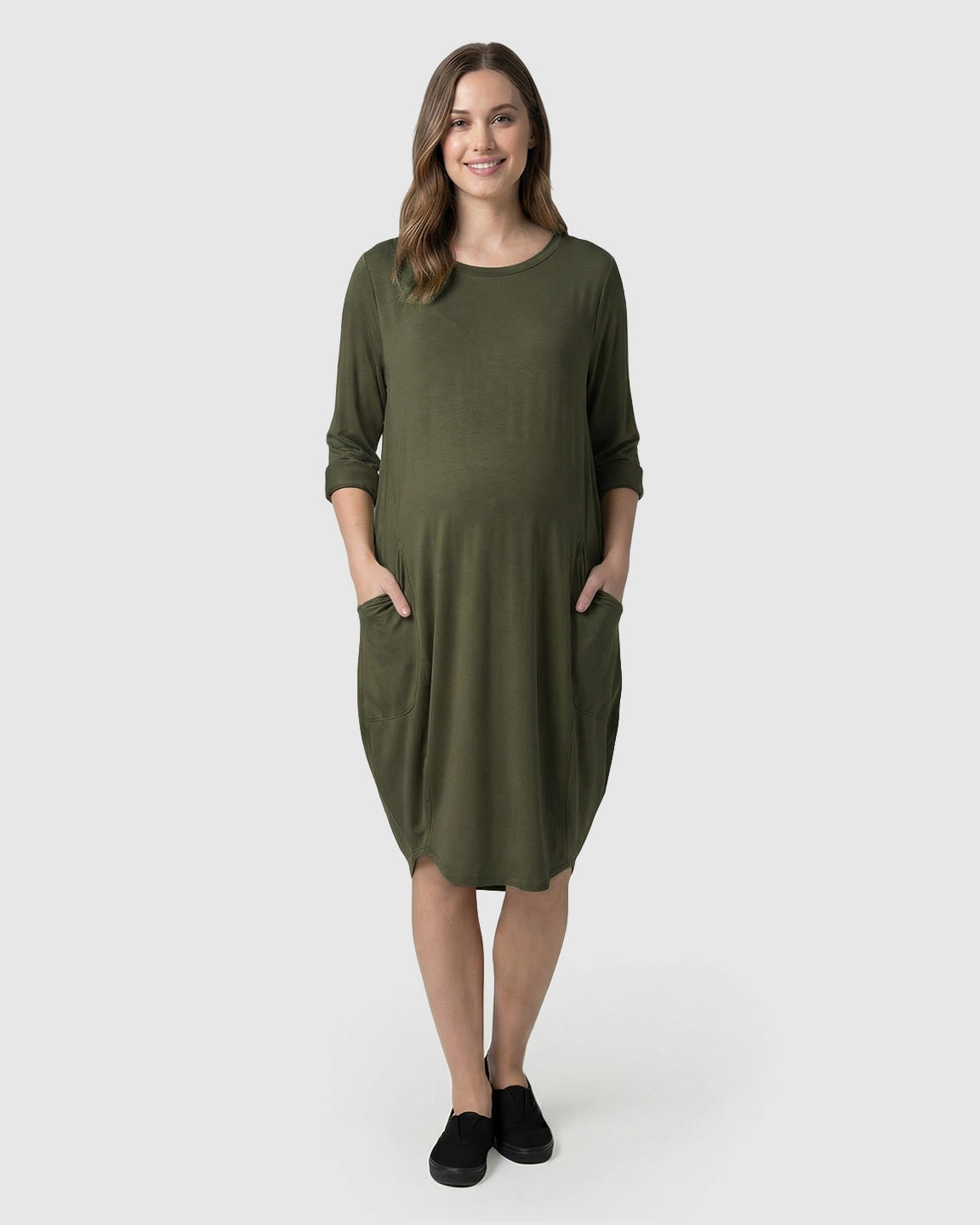 Pocketed Lantern Skirt Maternity Midi Dress