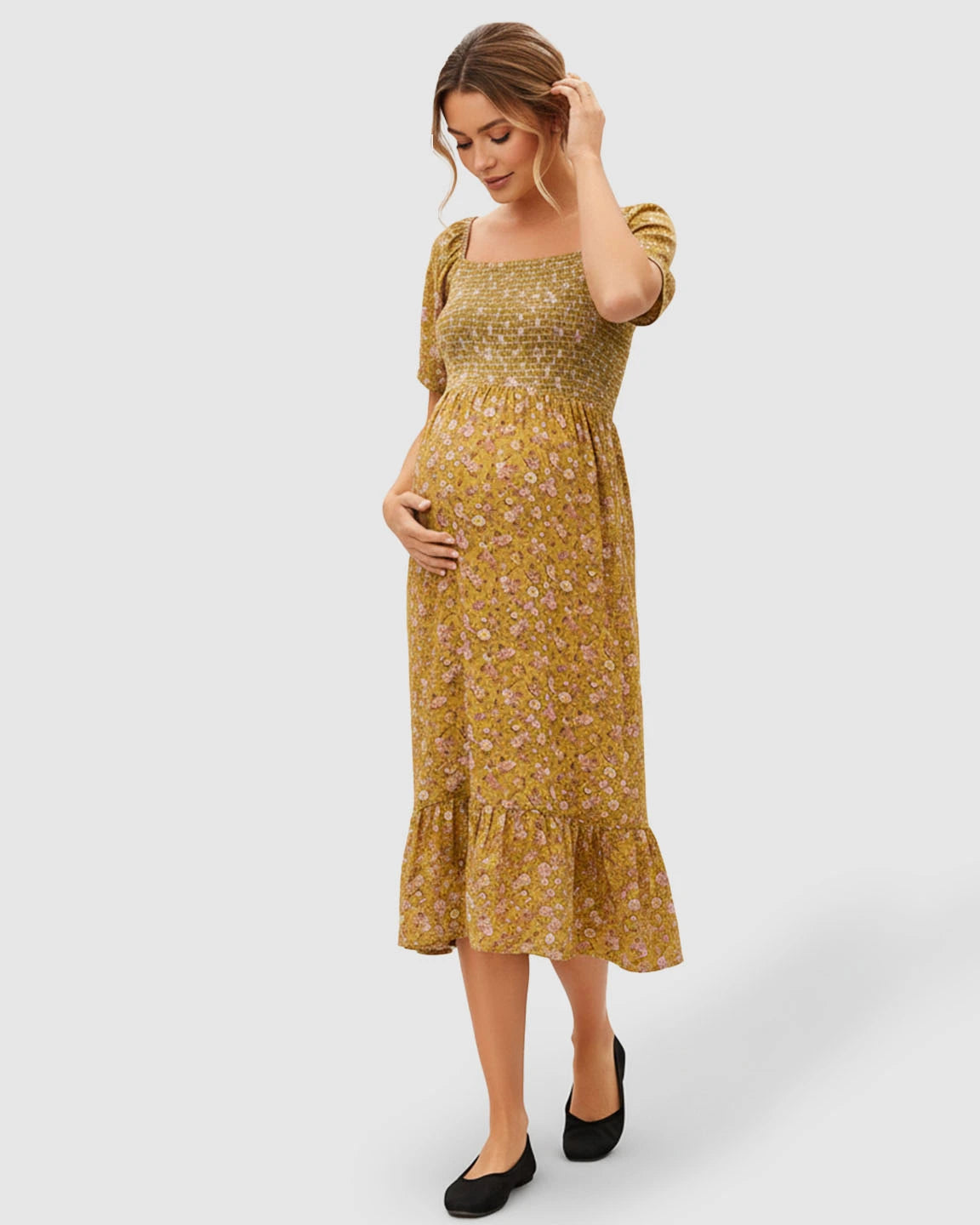 Smocked Bodice Floral Maternity Midi Dress